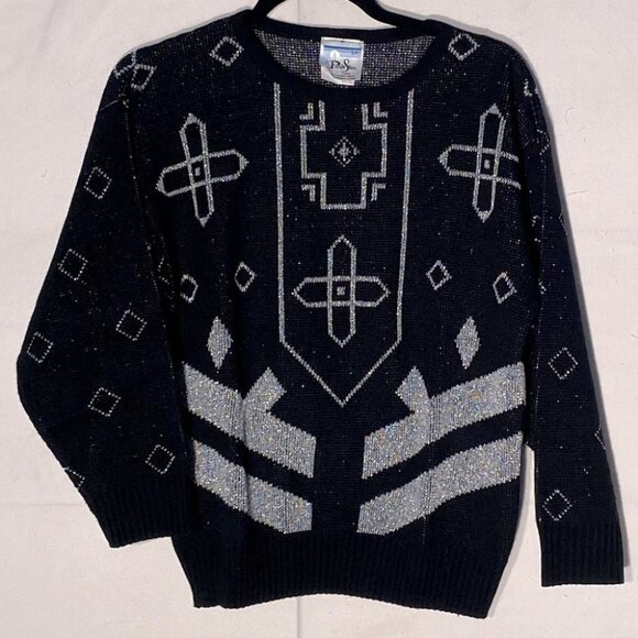 Vintage Paris Star Black Silver Knit Crew Neck Sweater S - Picture 7 of 9
